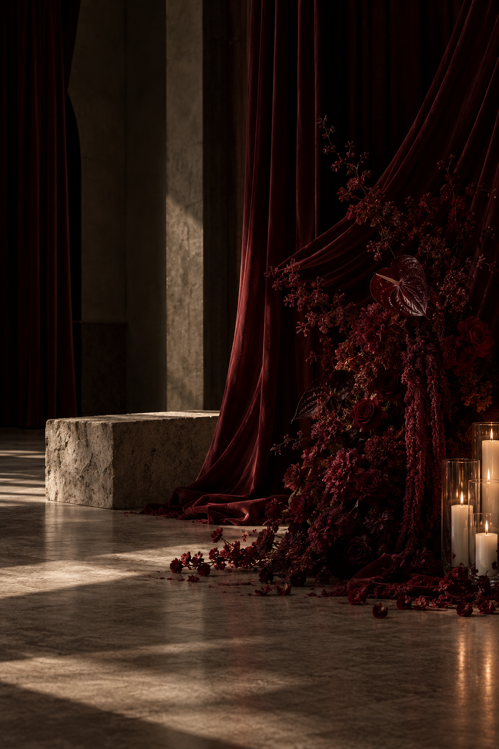 Dramatic drapery, sculptural florals and candlelight