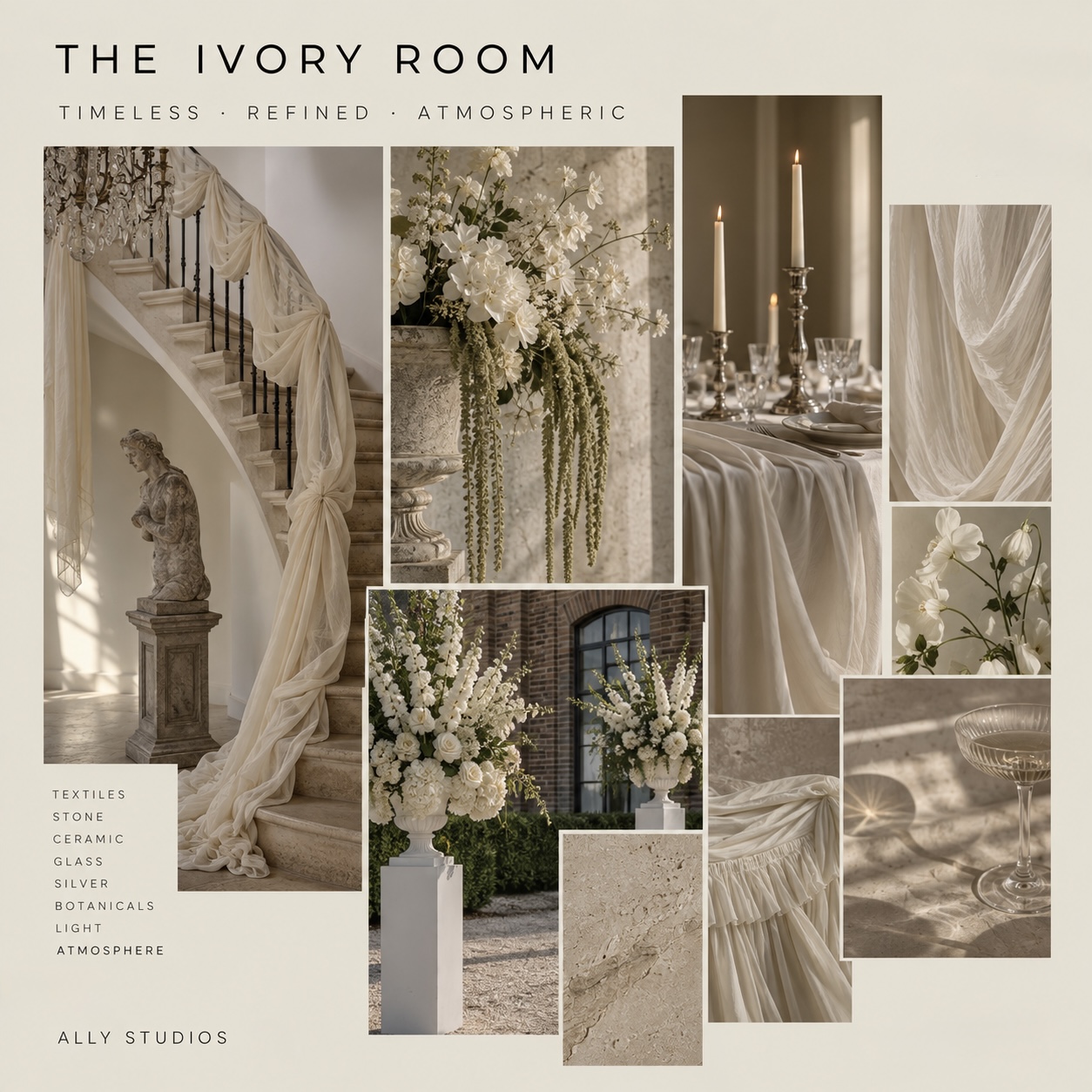 The Ivory Room moodboard — white florals, sheer draping, candlelight and stone